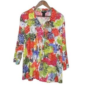 Ali Miles Womens Burnout Mesh Abstract Button Up Top Size 2X Artsy Colorful